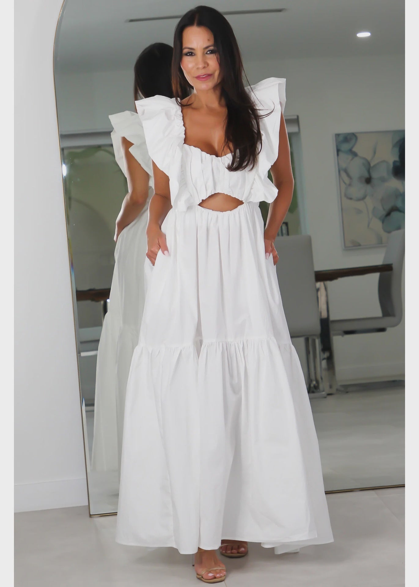8505 Ruffle Shoulder Tiered Sleeve Ruched Maxi Dress