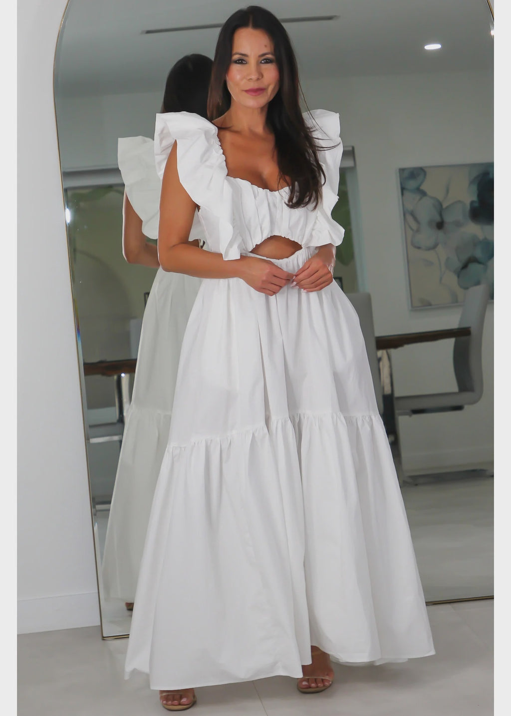 8505 Ruffle Shoulder Tiered Sleeve Ruched Maxi Dress