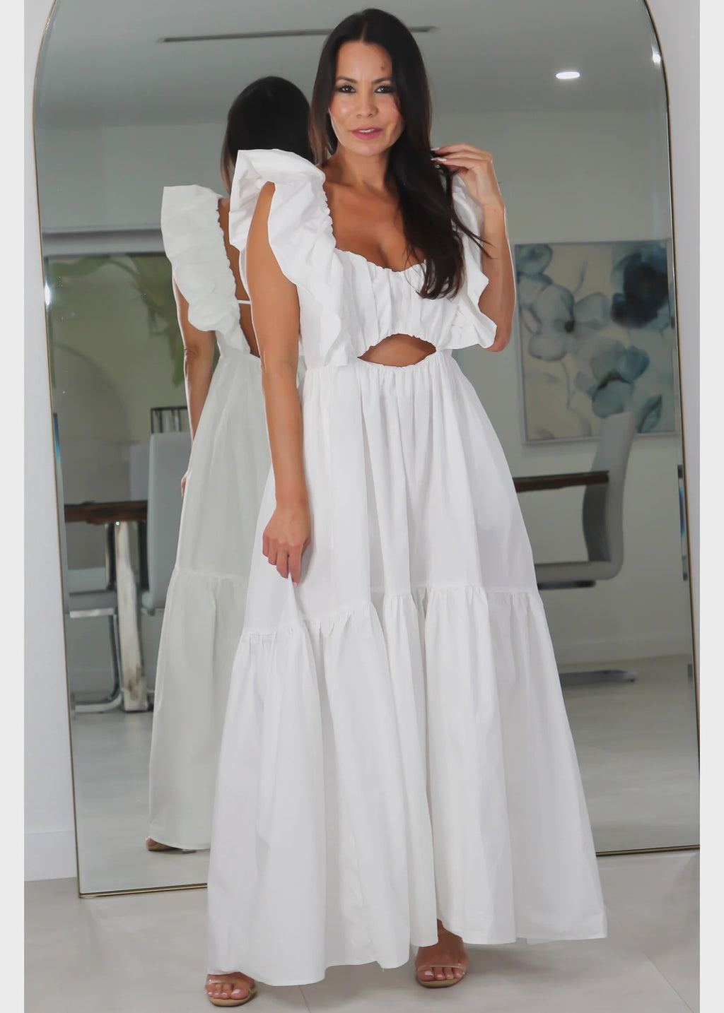 8505 Ruffle Shoulder Tiered Sleeve Ruched Maxi Dress