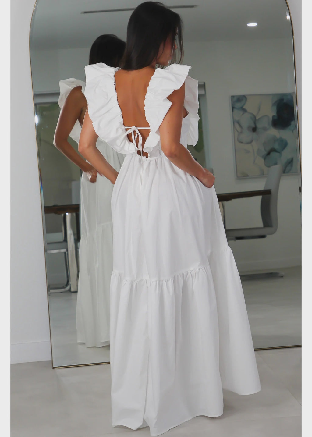 8505 Ruffle Shoulder Tiered Sleeve Ruched Maxi Dress