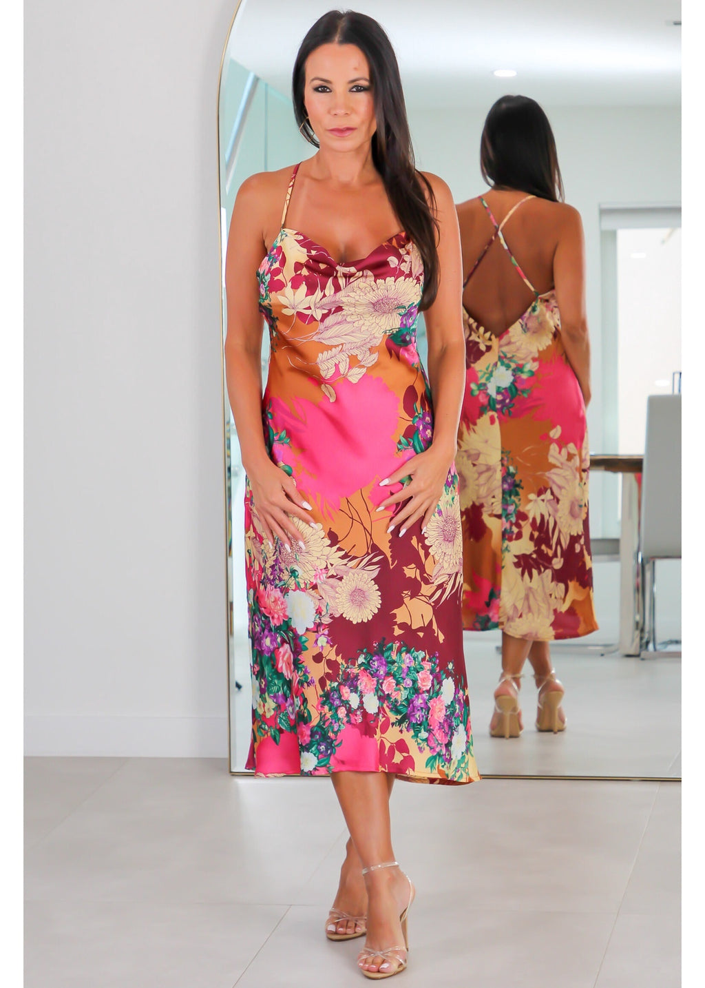 28109 Thin Straps Cowl Neck Midi Slip Dress