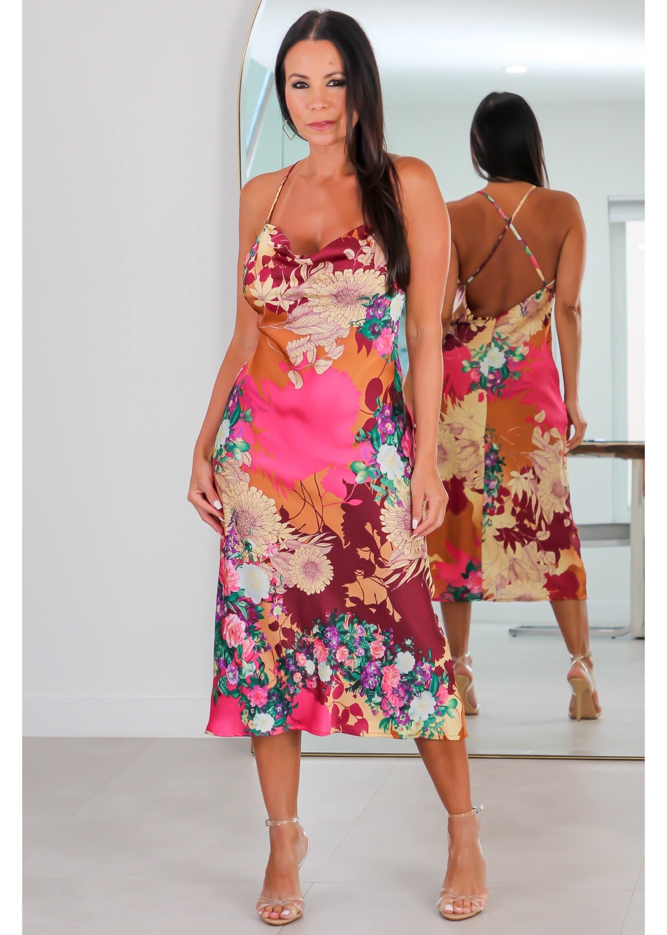 28109 Thin Straps Cowl Neck Midi Slip Dress