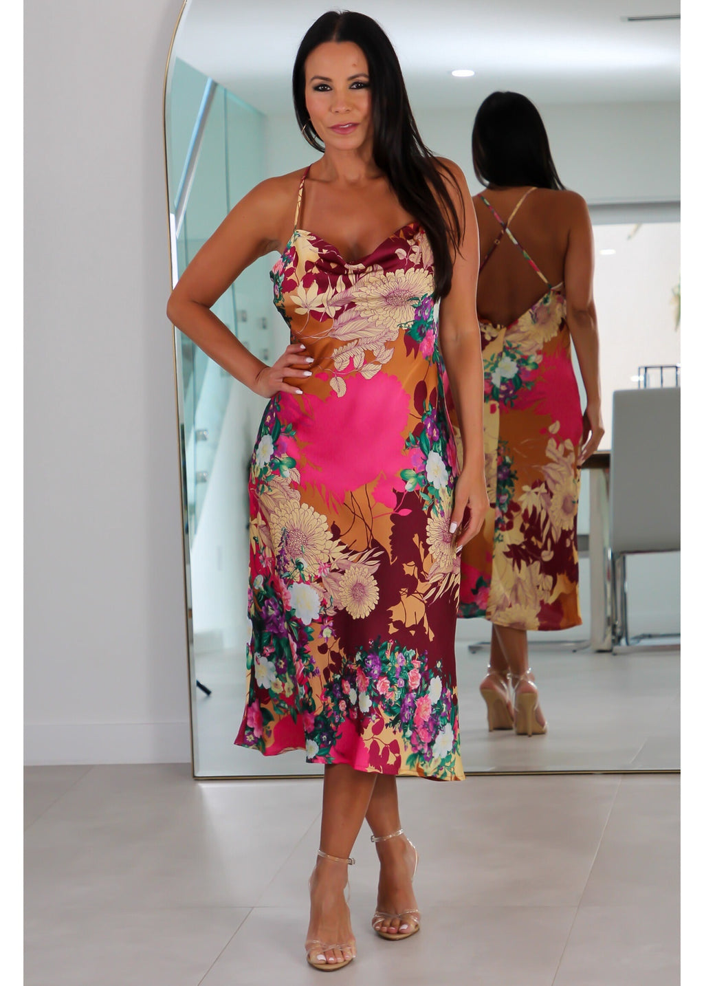 28109 Thin Straps Cowl Neck Midi Slip Dress