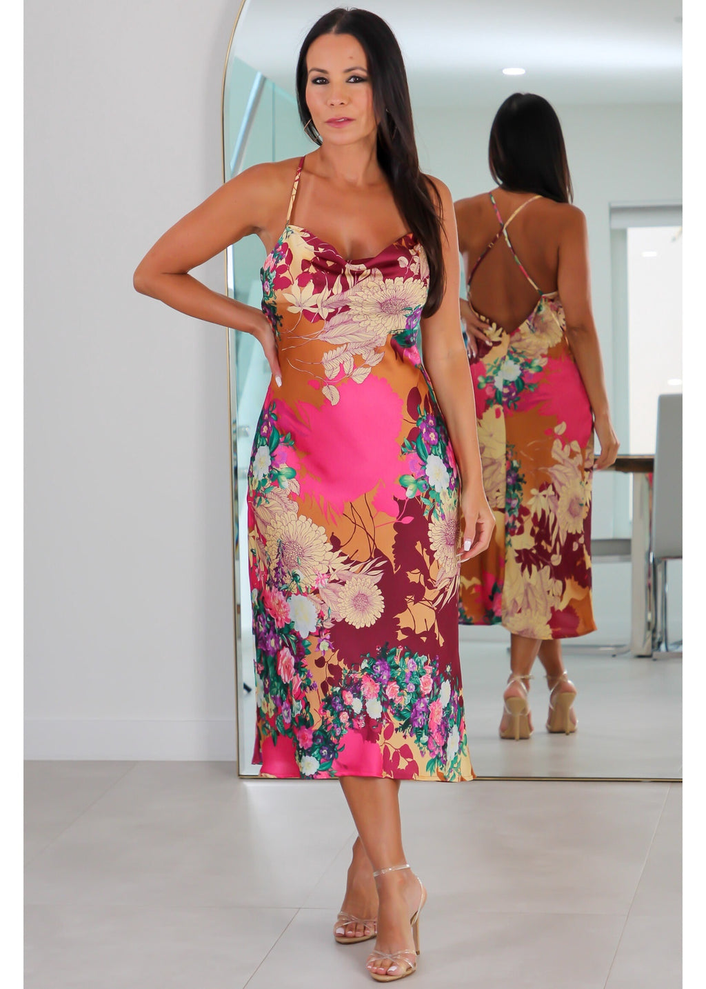 28109 Thin Straps Cowl Neck Midi Slip Dress