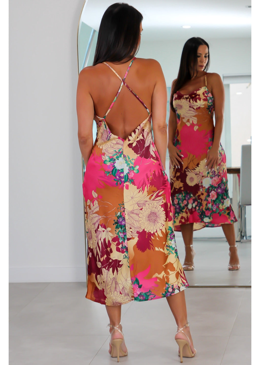 28109 Thin Straps Cowl Neck Midi Slip Dress