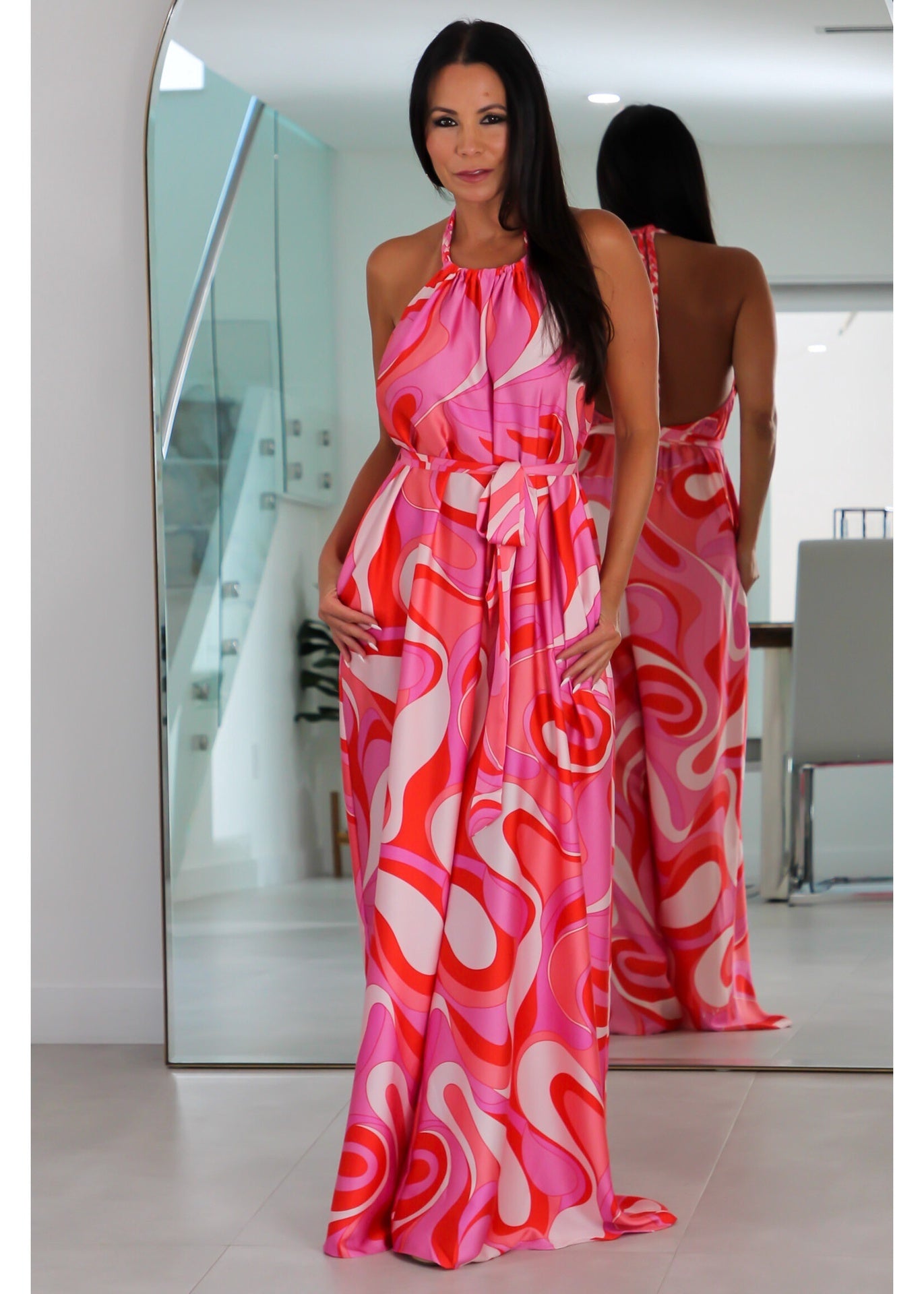 92122 Halter Braid Strap Belted Jumpsuit