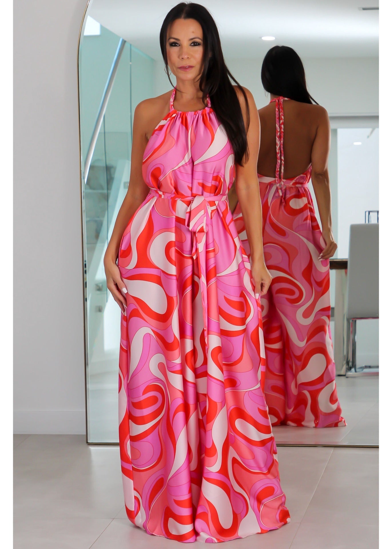 92122 Halter Braid Strap Belted Jumpsuit