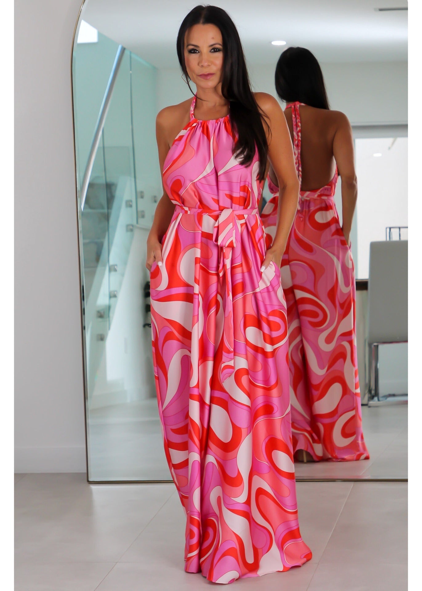 92122 Halter Braid Strap Belted Jumpsuit