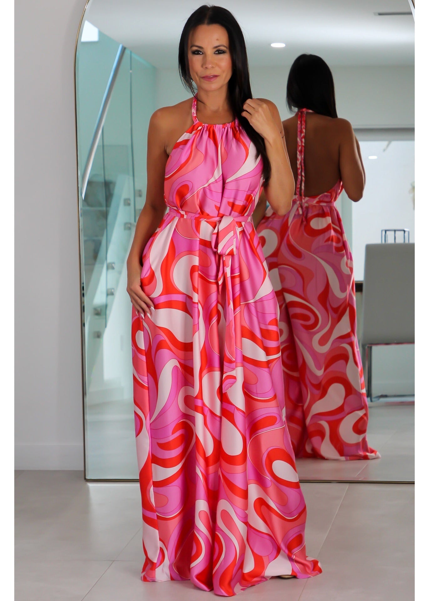 92122 Halter Braid Strap Belted Jumpsuit