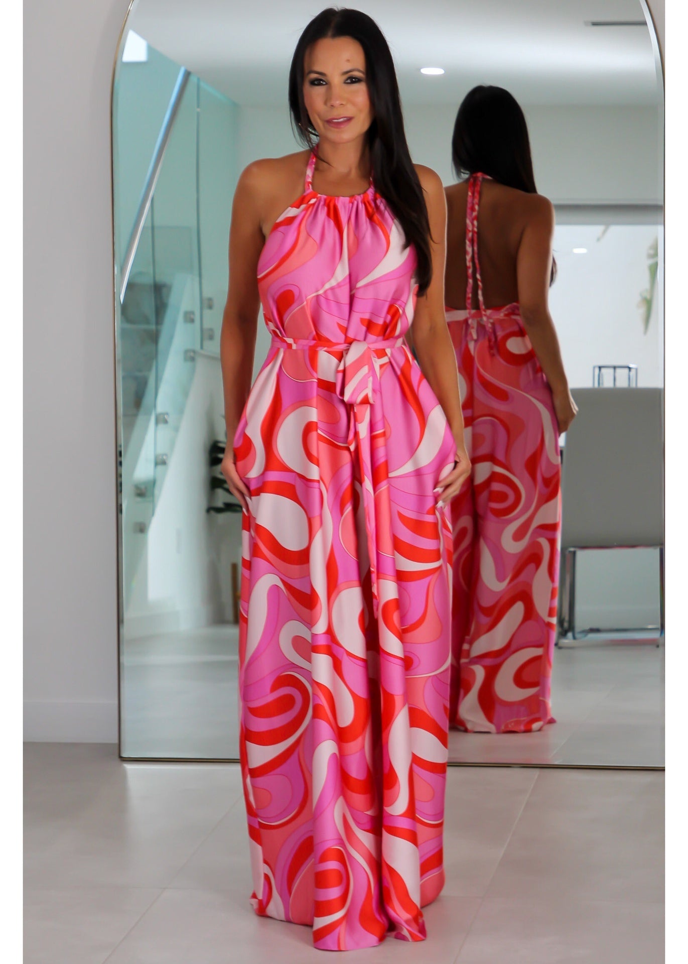 92122 Halter Braid Strap Belted Jumpsuit