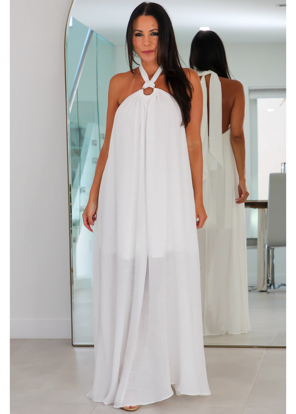 30038 Buckle Neck Backless Maxi Dress