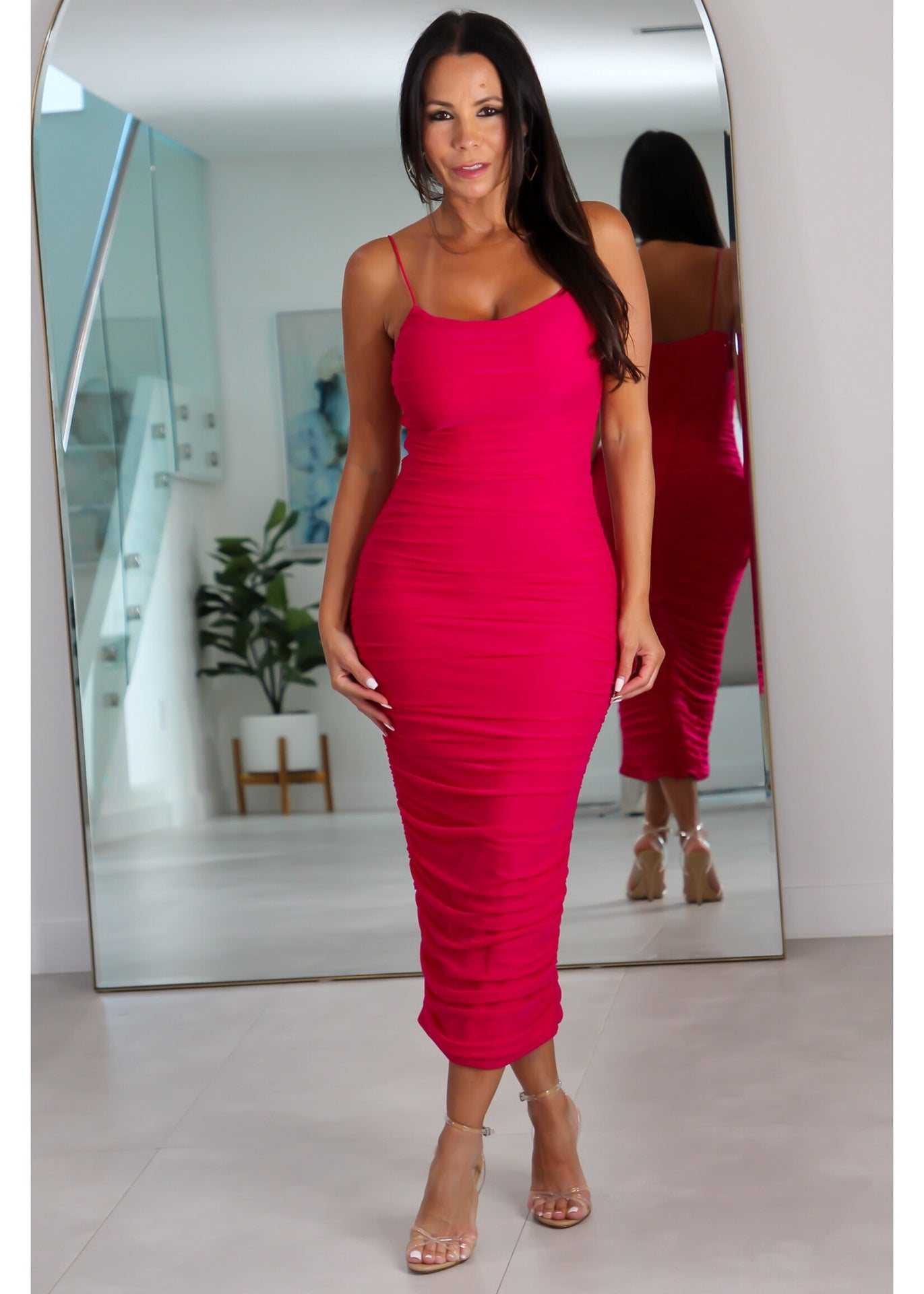 1745 Solid Mesh Sleeveless Side Cinch Dres