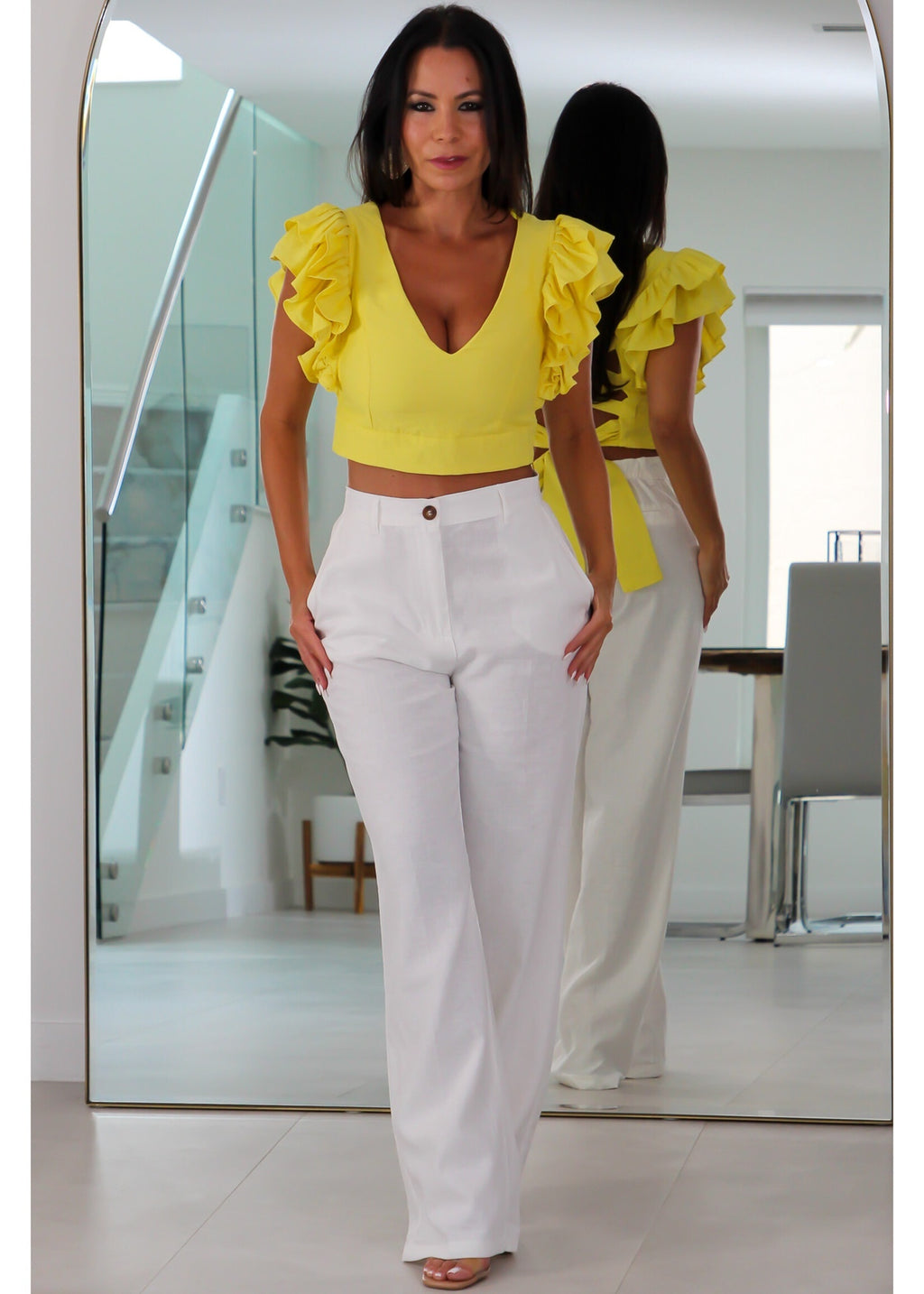 22582 Cross Back Ruffle Sleeve Top