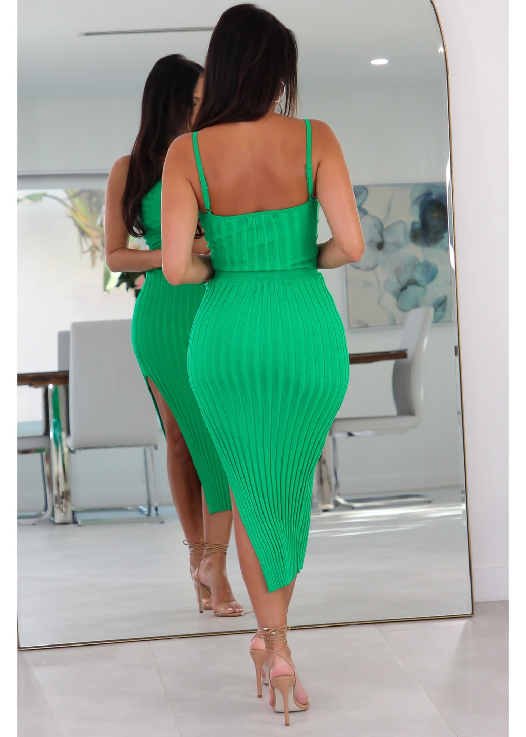 5257 Front Twisted Knit Rib Crop Top Skirt Set