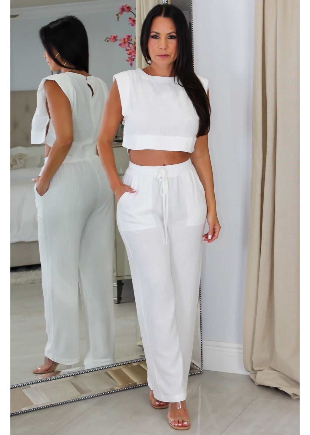 2266 Linen Shoulder Padded Crop Top