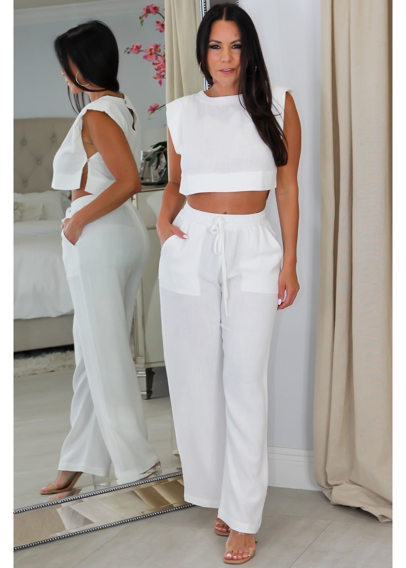 2266 Linen Shoulder Padded Crop Top
