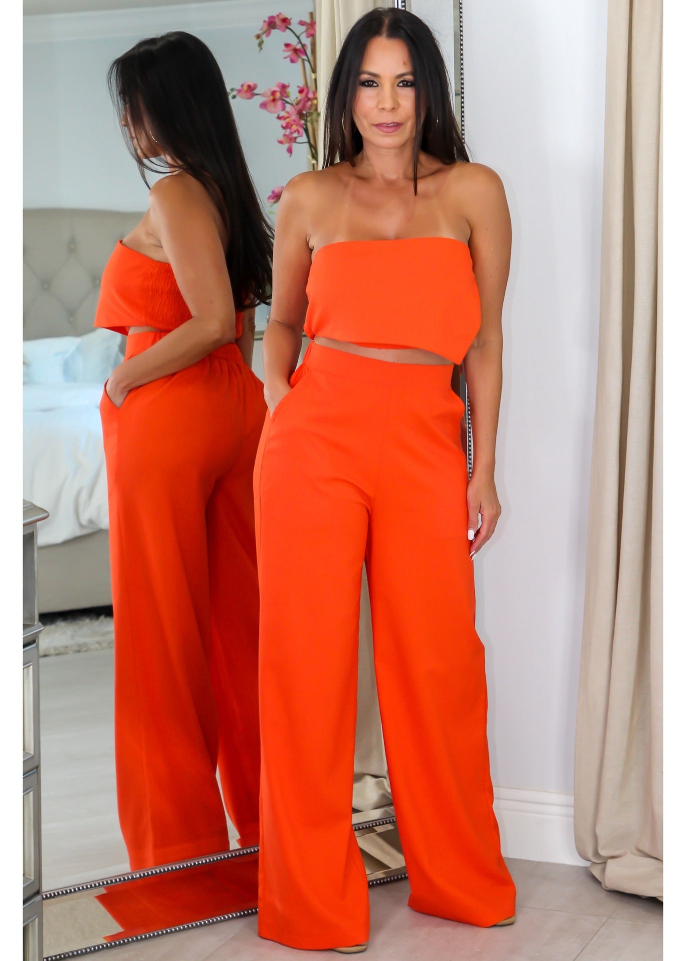 5259 Strapless  Asymmetrical Crop Top & Pants Set