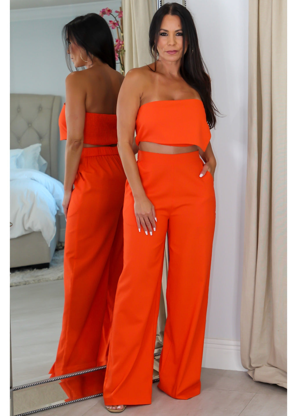 5259 Strapless  Asymmetrical Crop Top & Pants Set