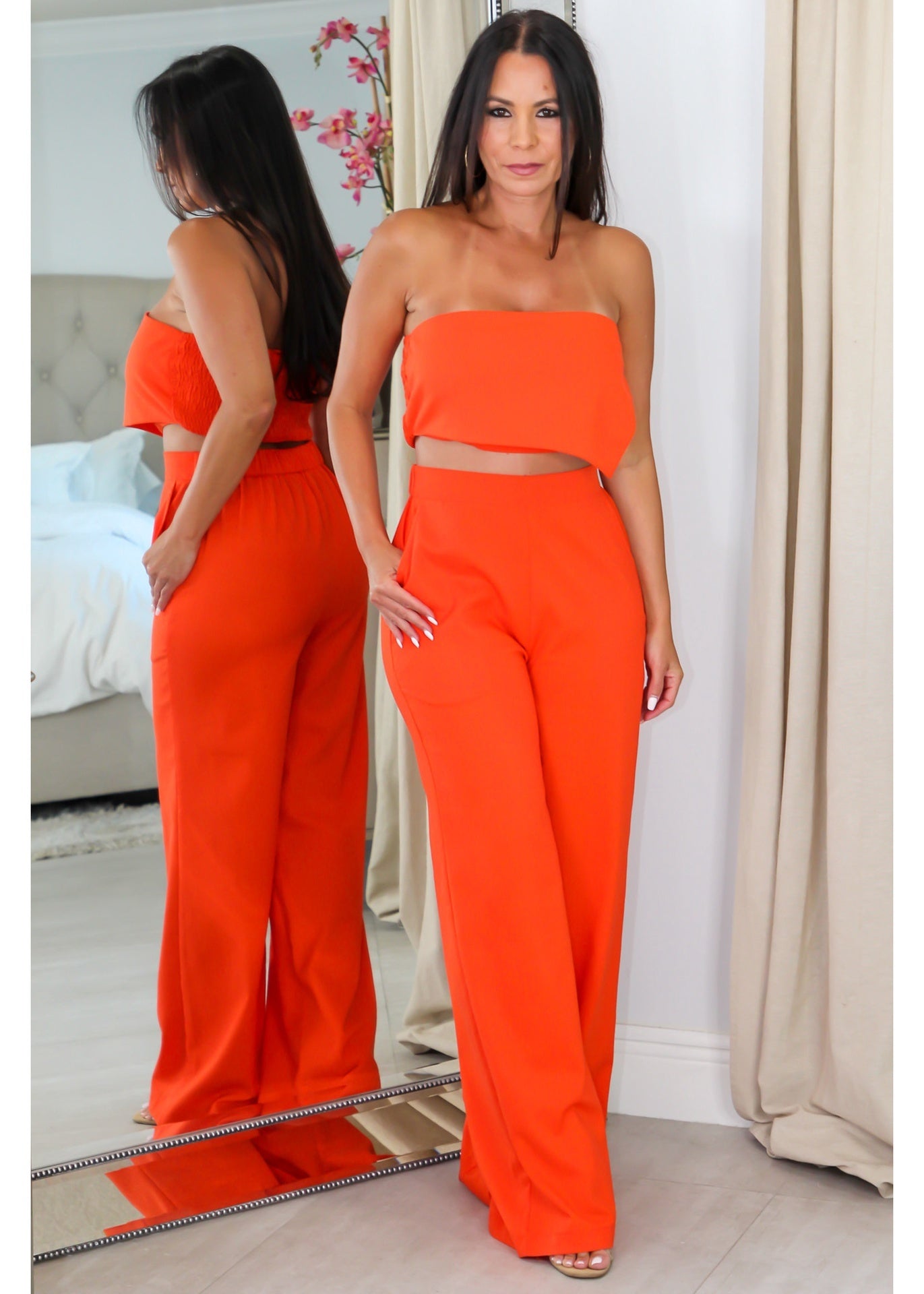 5259 Strapless  Asymmetrical Crop Top & Pants Set