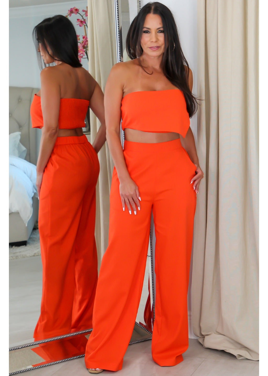 5259 Strapless  Asymmetrical Crop Top & Pants Set