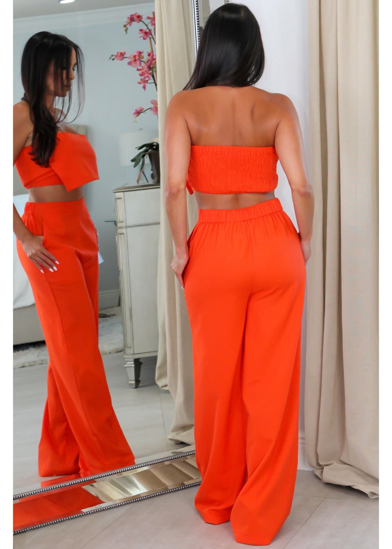 5259 Strapless  Asymmetrical Crop Top & Pants Set