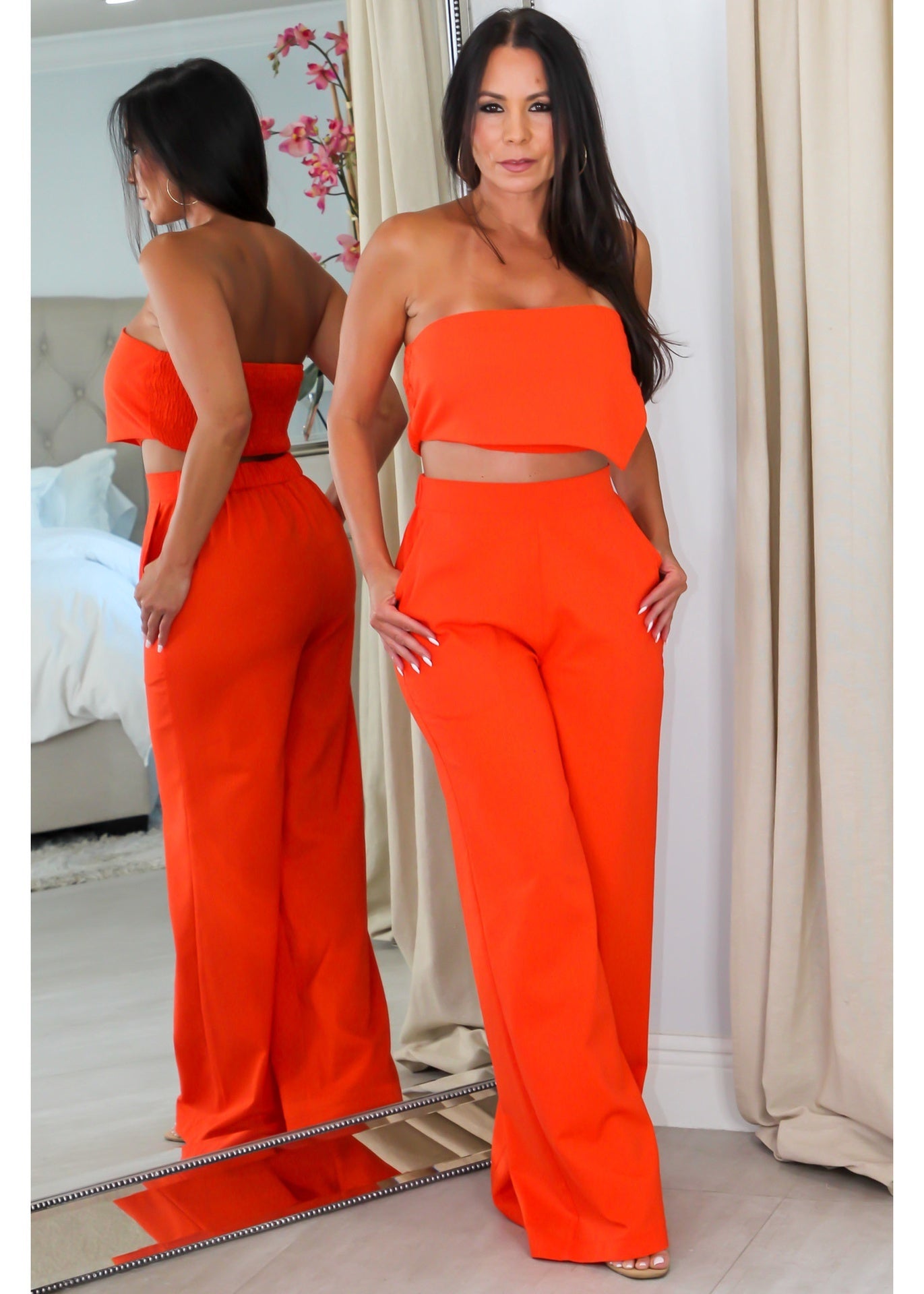 5259 Strapless  Asymmetrical Crop Top & Pants Set