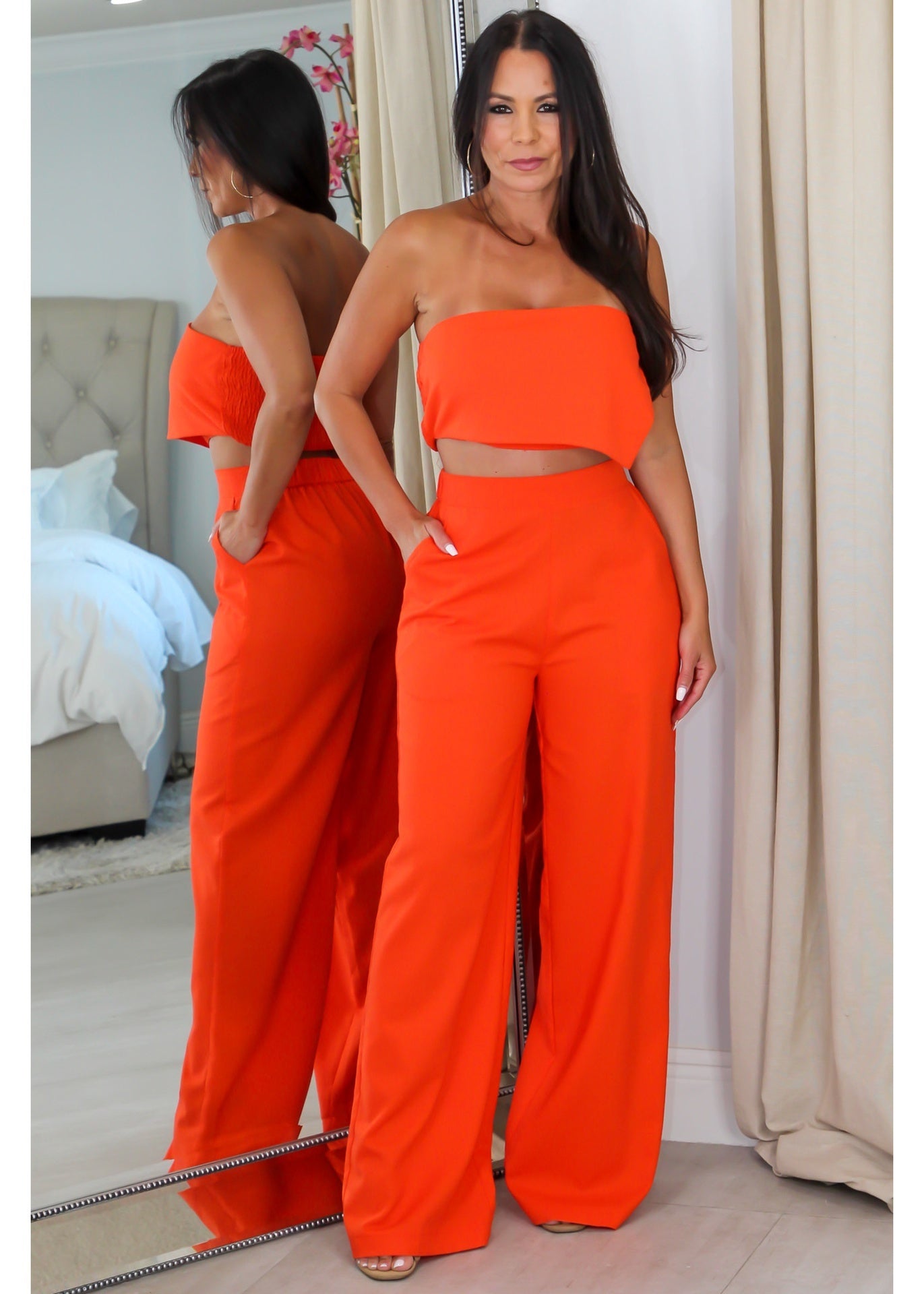 5259 Strapless  Asymmetrical Crop Top & Pants Set
