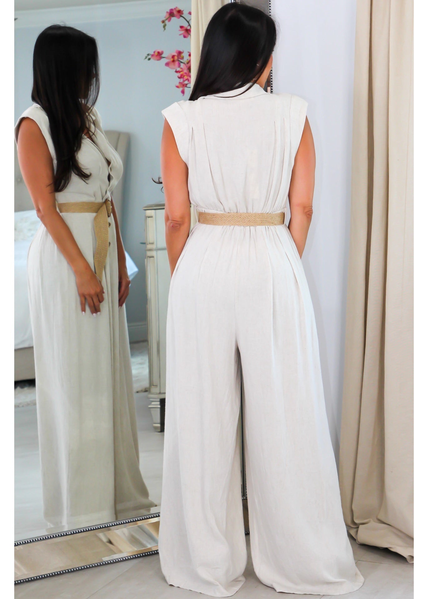 21974 Waist Belted Collar Button Up Jumpsuit