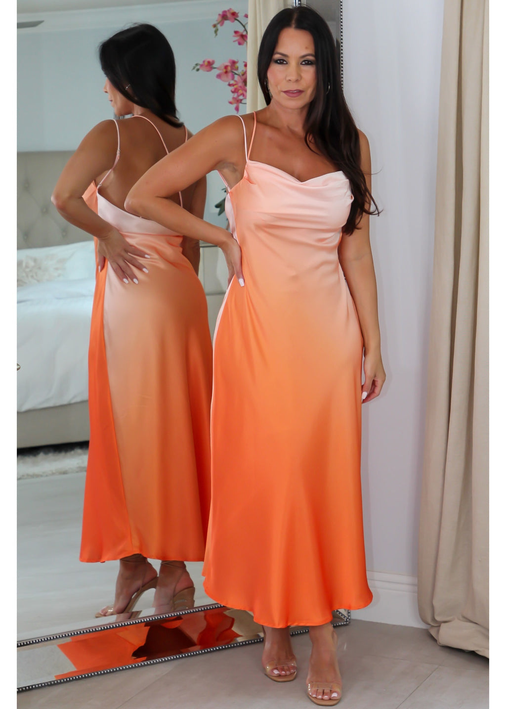 63984 Ombre Midriff and Low Back Midi Dress