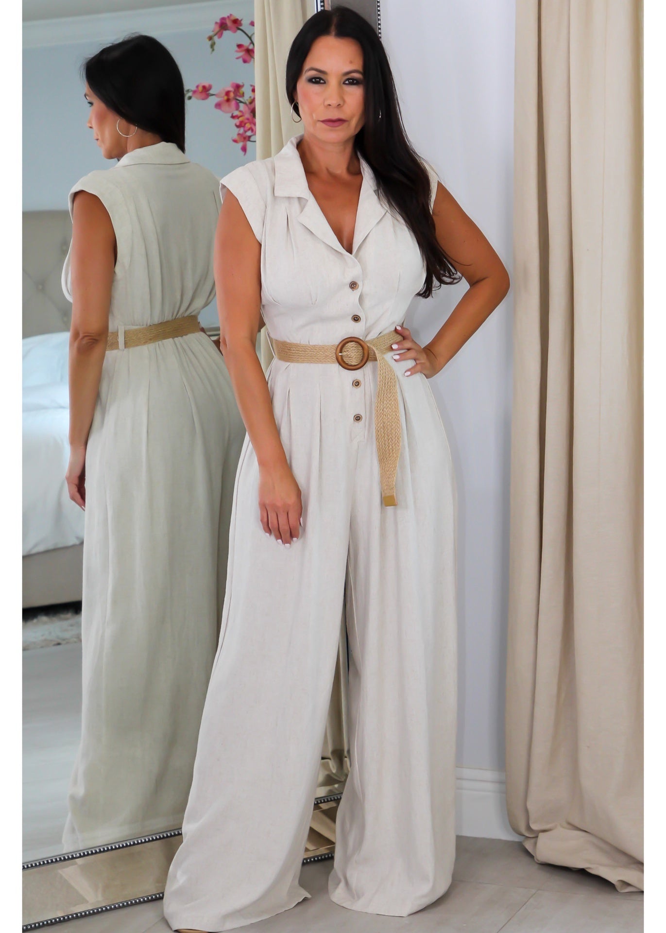 21974 Waist Belted Collar Button Up Jumpsuit