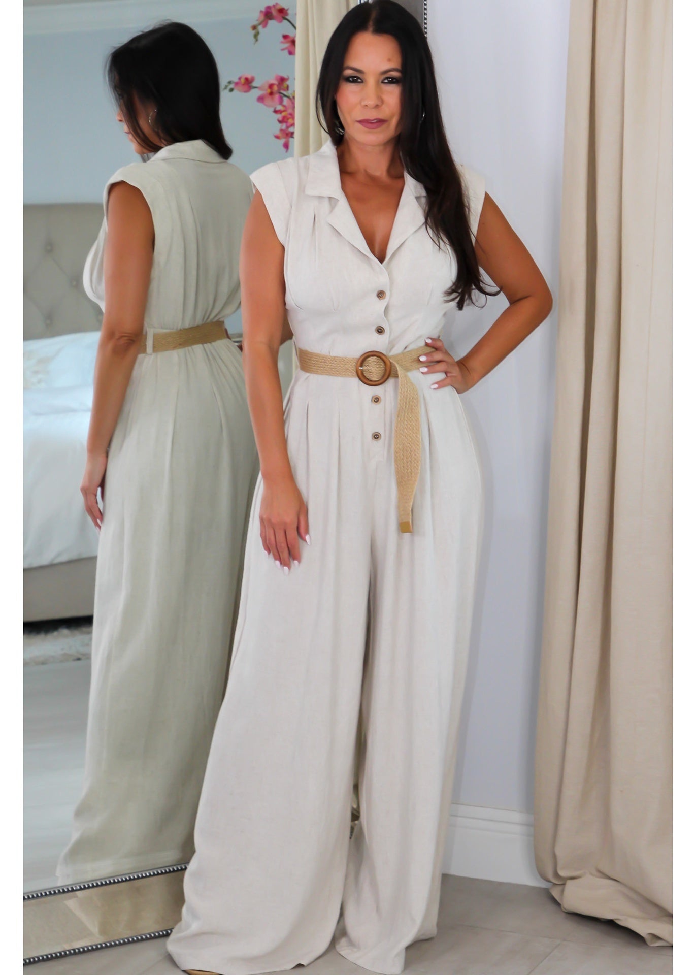 21974 Waist Belted Collar Button Up Jumpsuit