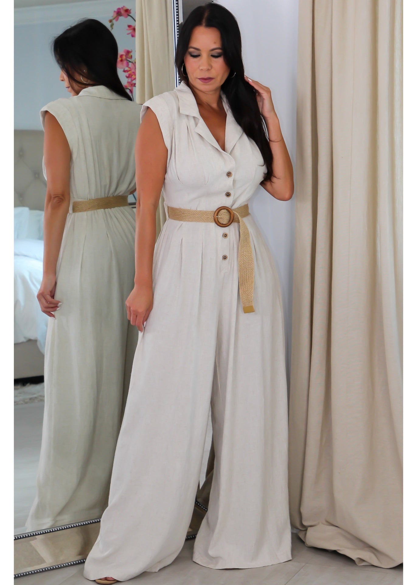 21974 Waist Belted Collar Button Up Jumpsuit