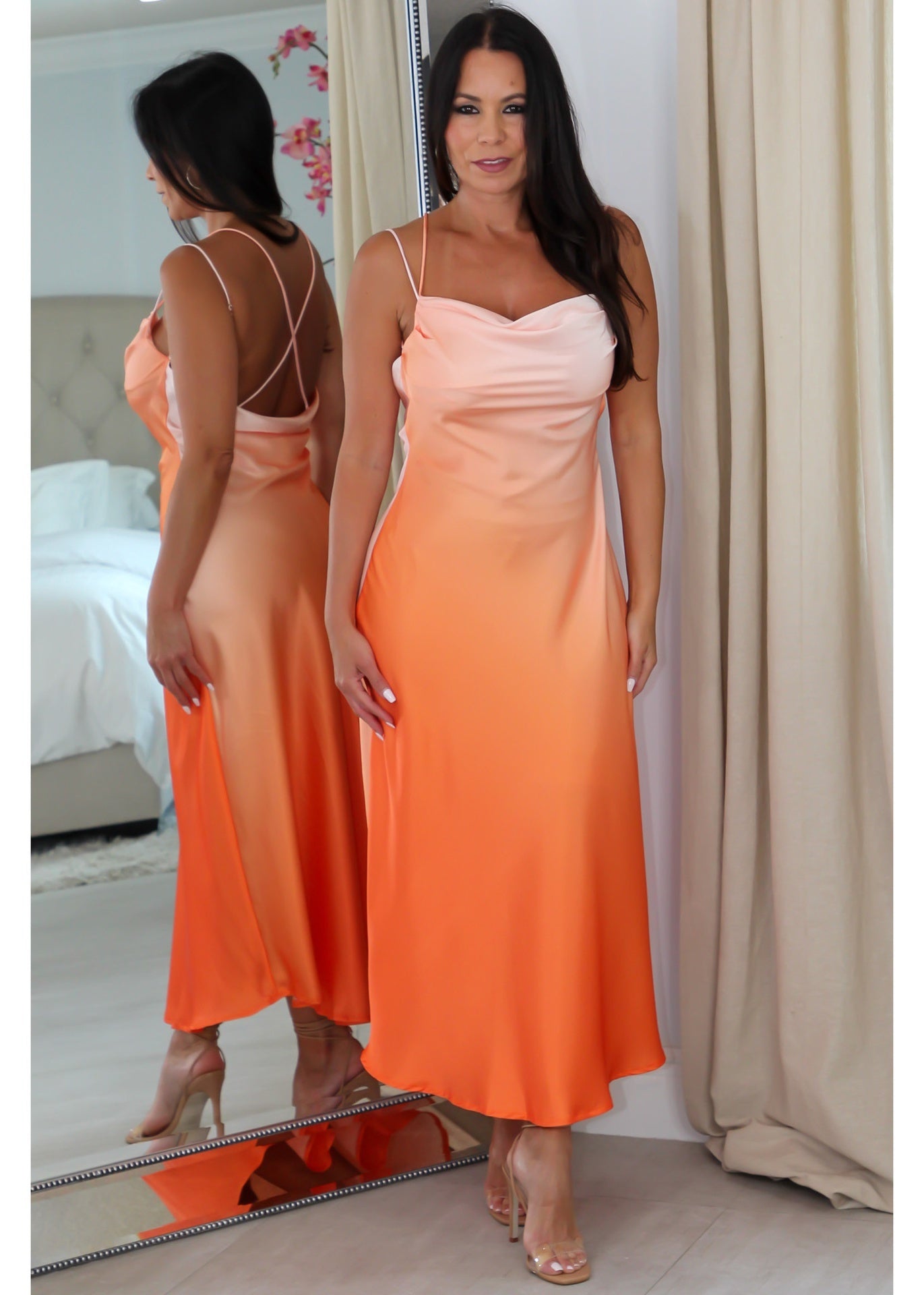 63984 Ombre Midriff and Low Back Midi Dress