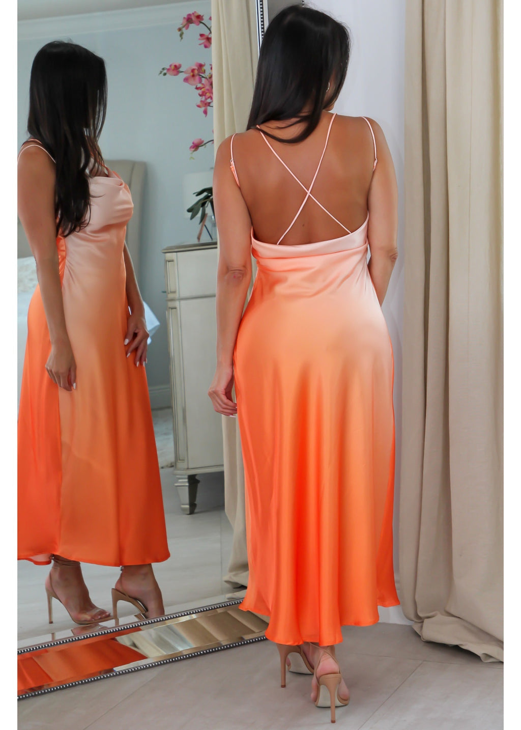 63984 Ombre Midriff and Low Back Midi Dress