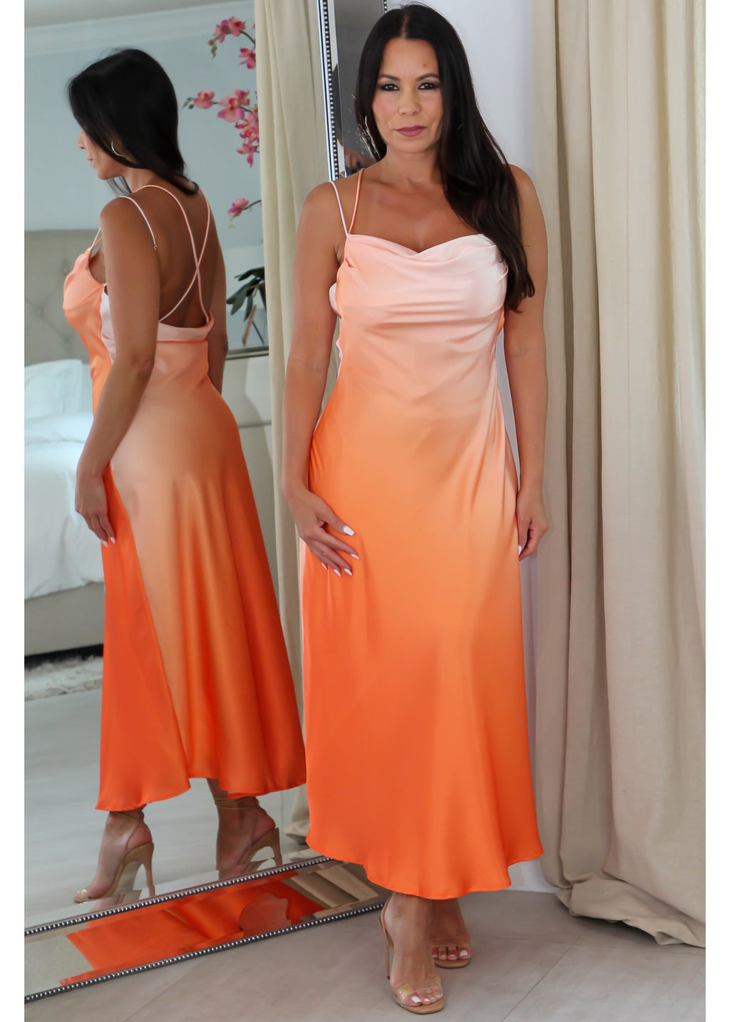 63984 Ombre Midriff and Low Back Midi Dress