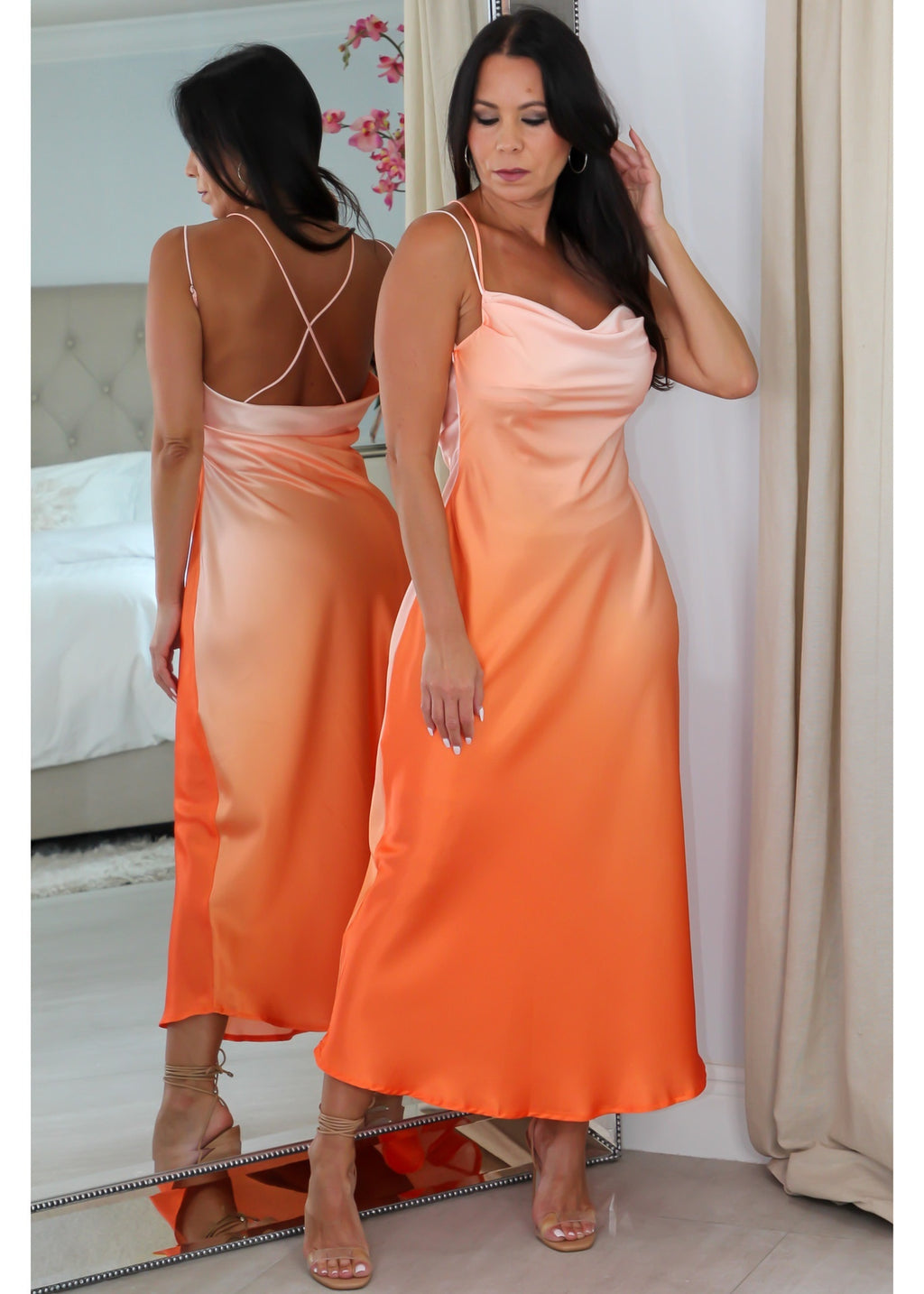 63984 Ombre Midriff and Low Back Midi Dress