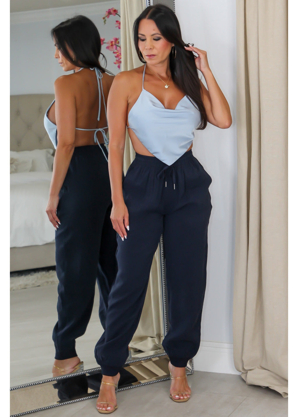 1228 Satin Cowl Open Back Crop Top