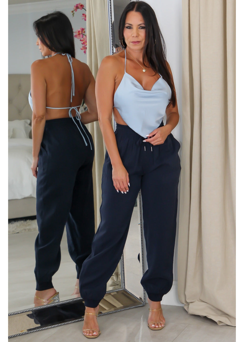 1228 Satin Cowl Open Back Crop Top