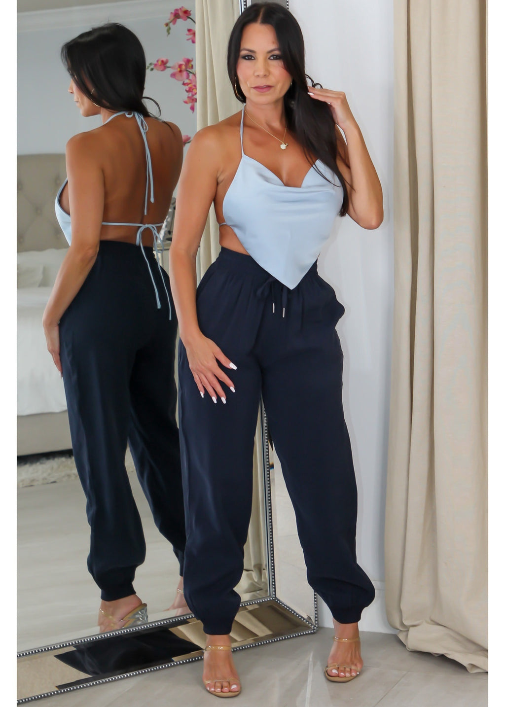 1228 Satin Cowl Open Back Crop Top