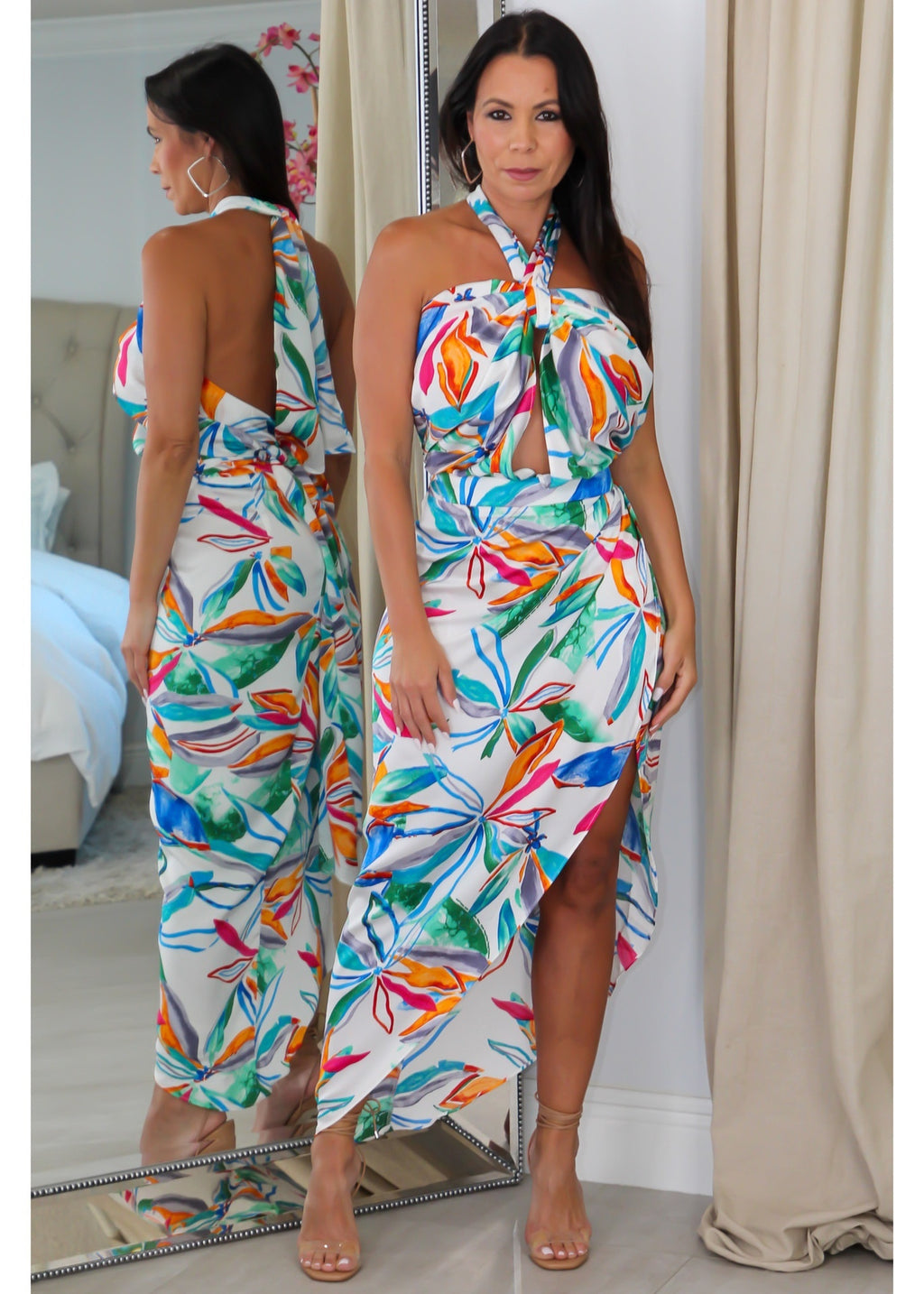 9465 Halter Floral Midi Dress