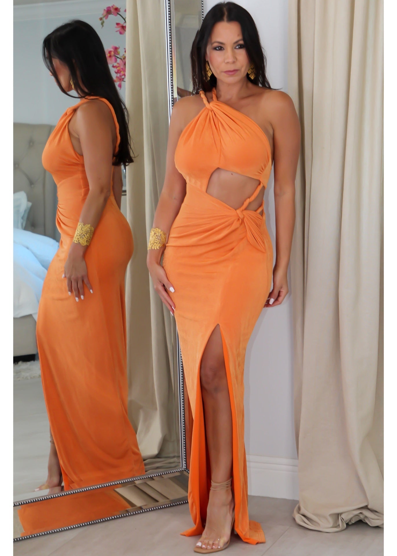 8974 Cutout Twist Strap Gown