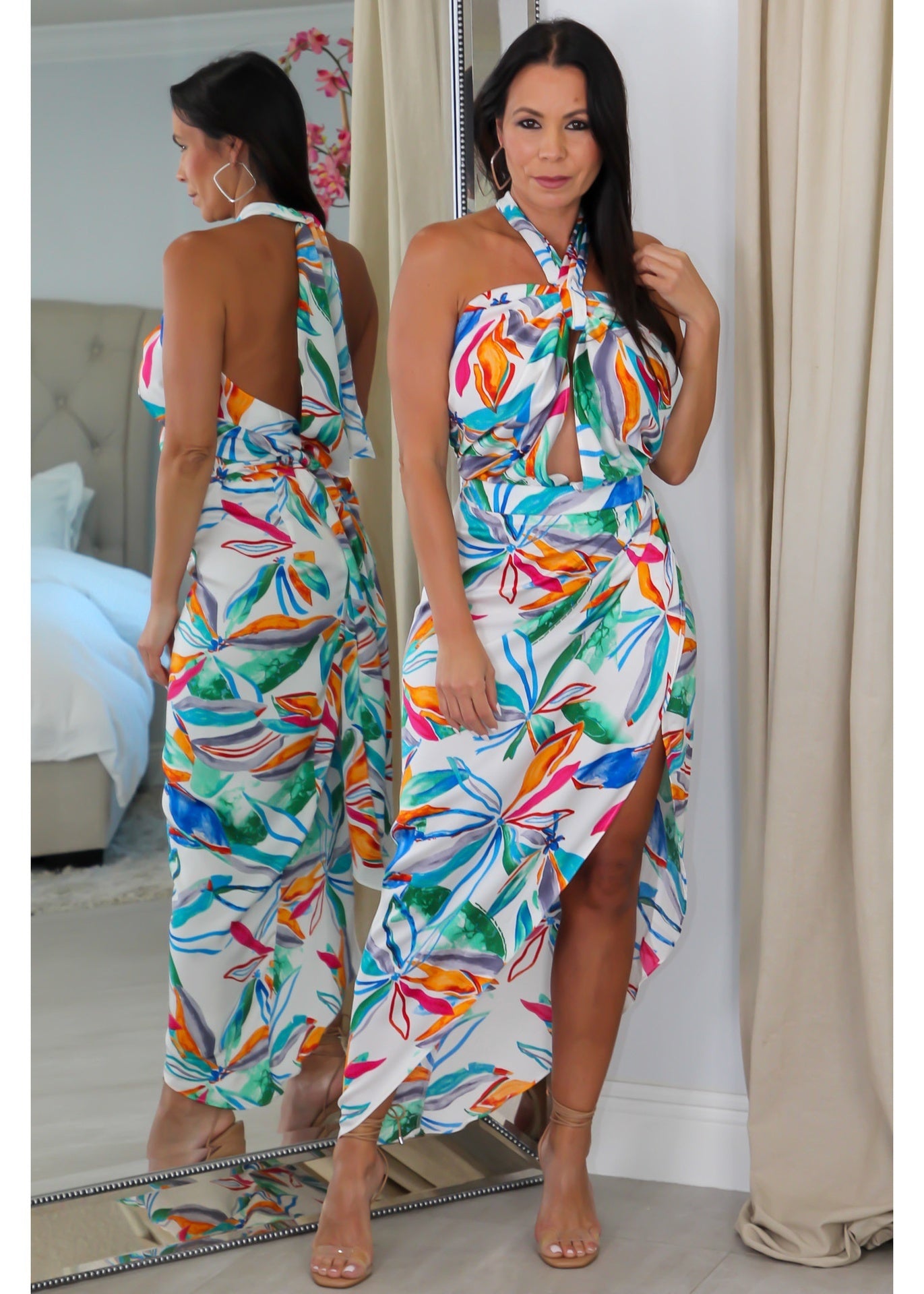 9465 Halter Floral Midi Dress