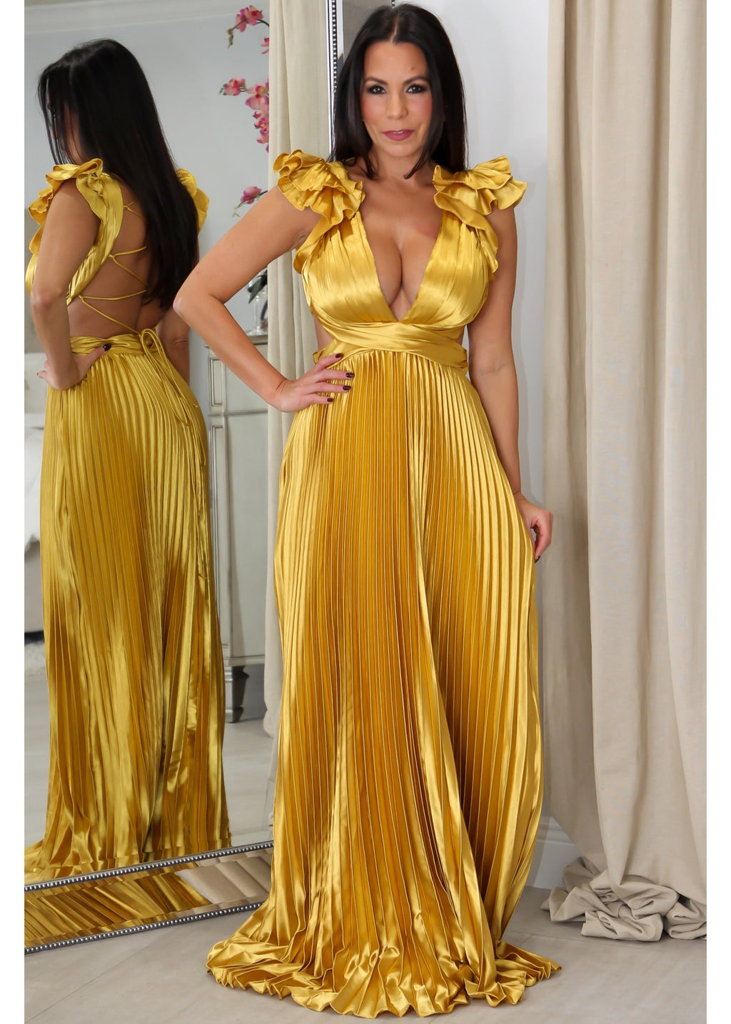 9322 Ruffle Maxi Pleated Dress