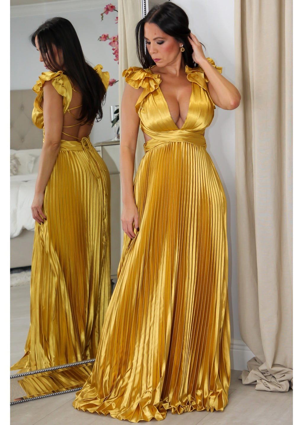 9322 Ruffle Maxi Pleated Dress