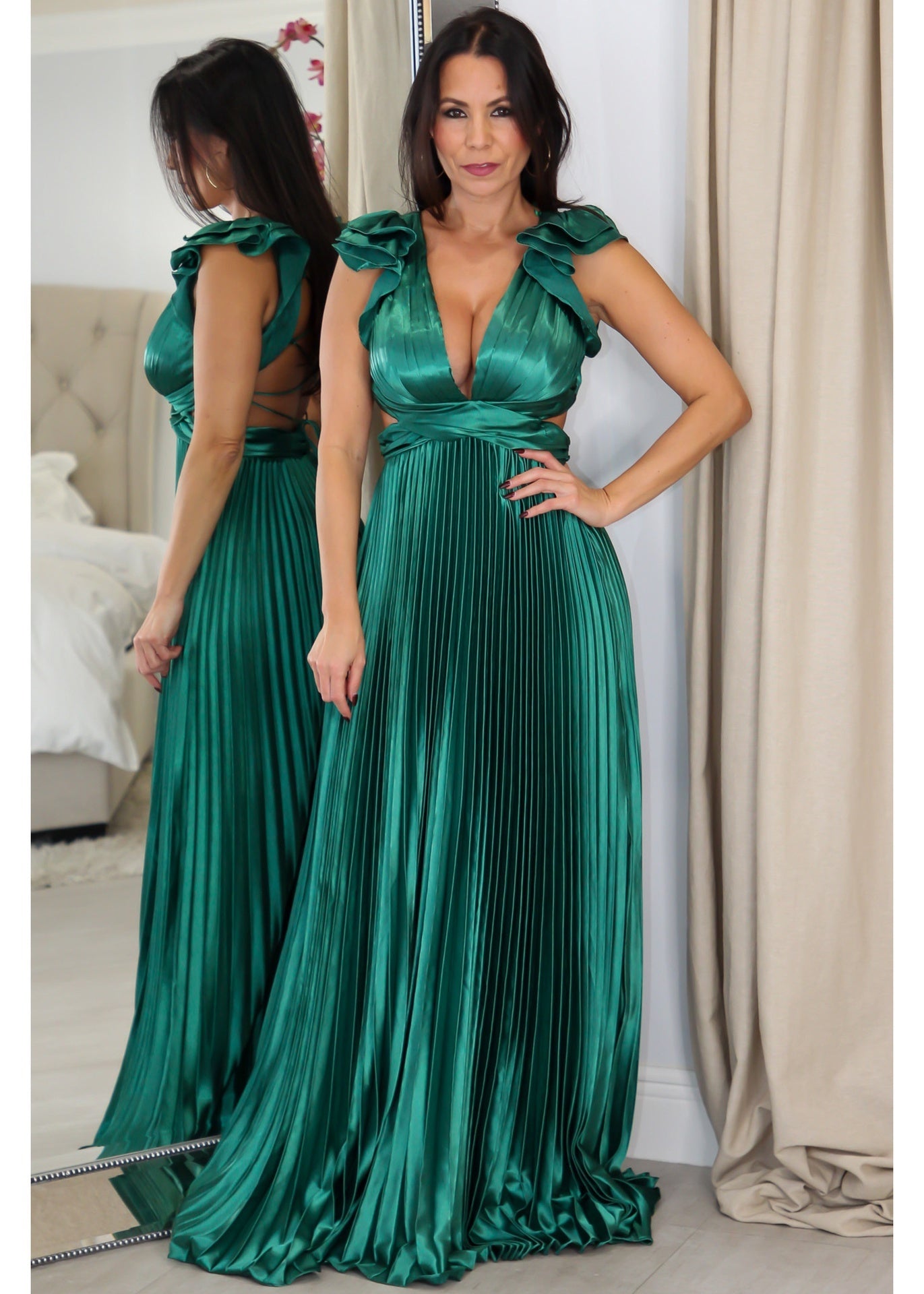 9322 Ruffle Maxi Pleated Dress