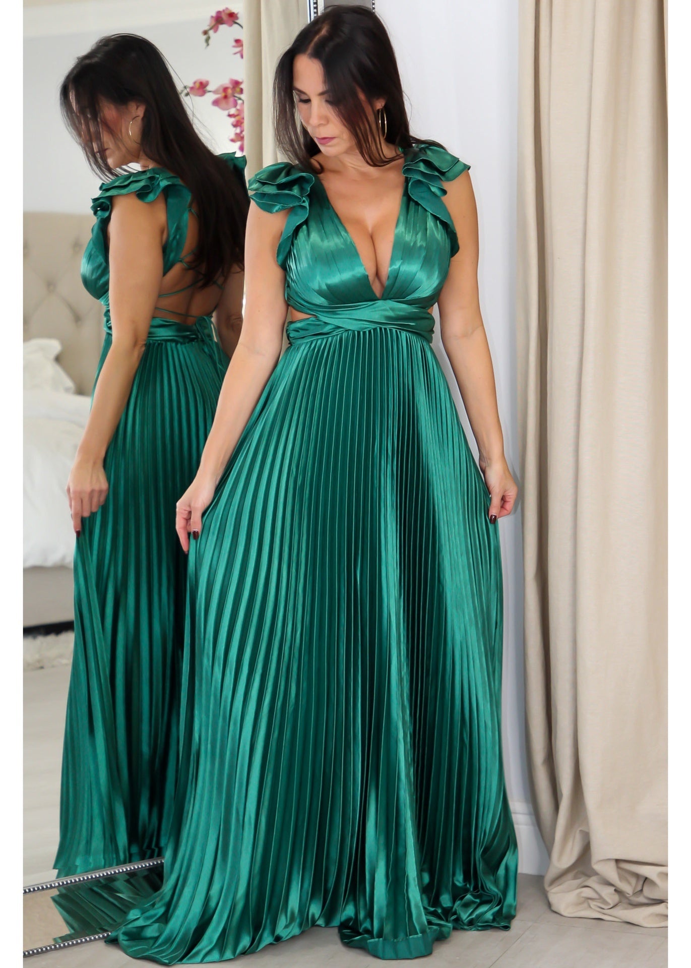 9322 Ruffle Maxi Pleated Dress