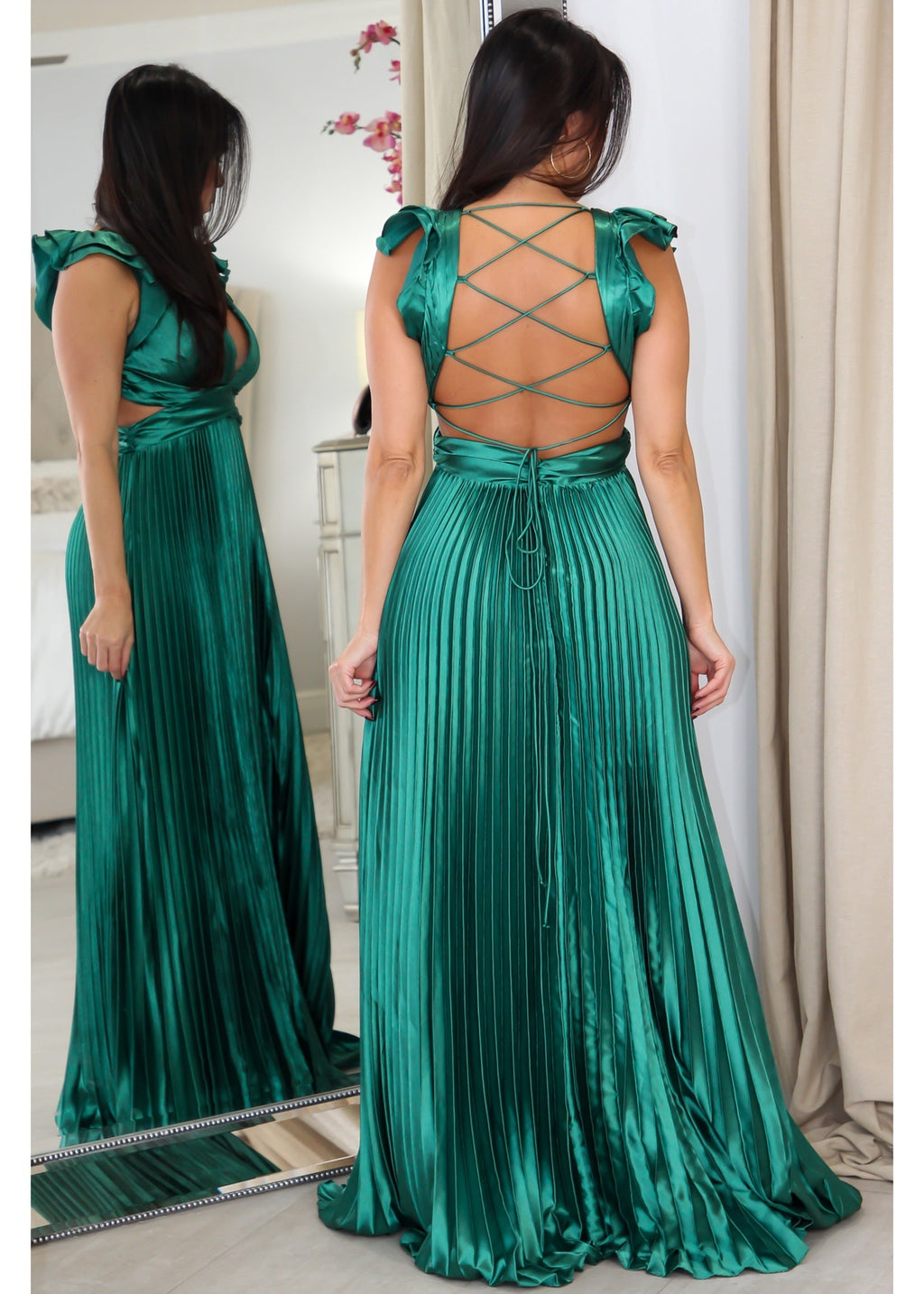 9322 Ruffle Maxi Pleated Dress