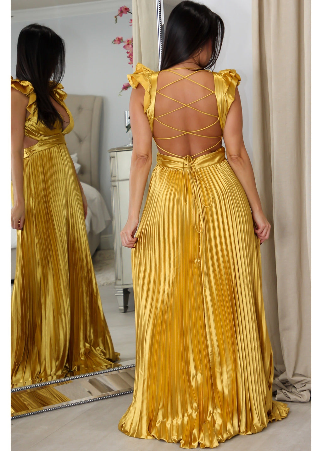 9322 Ruffle Maxi Pleated Dress