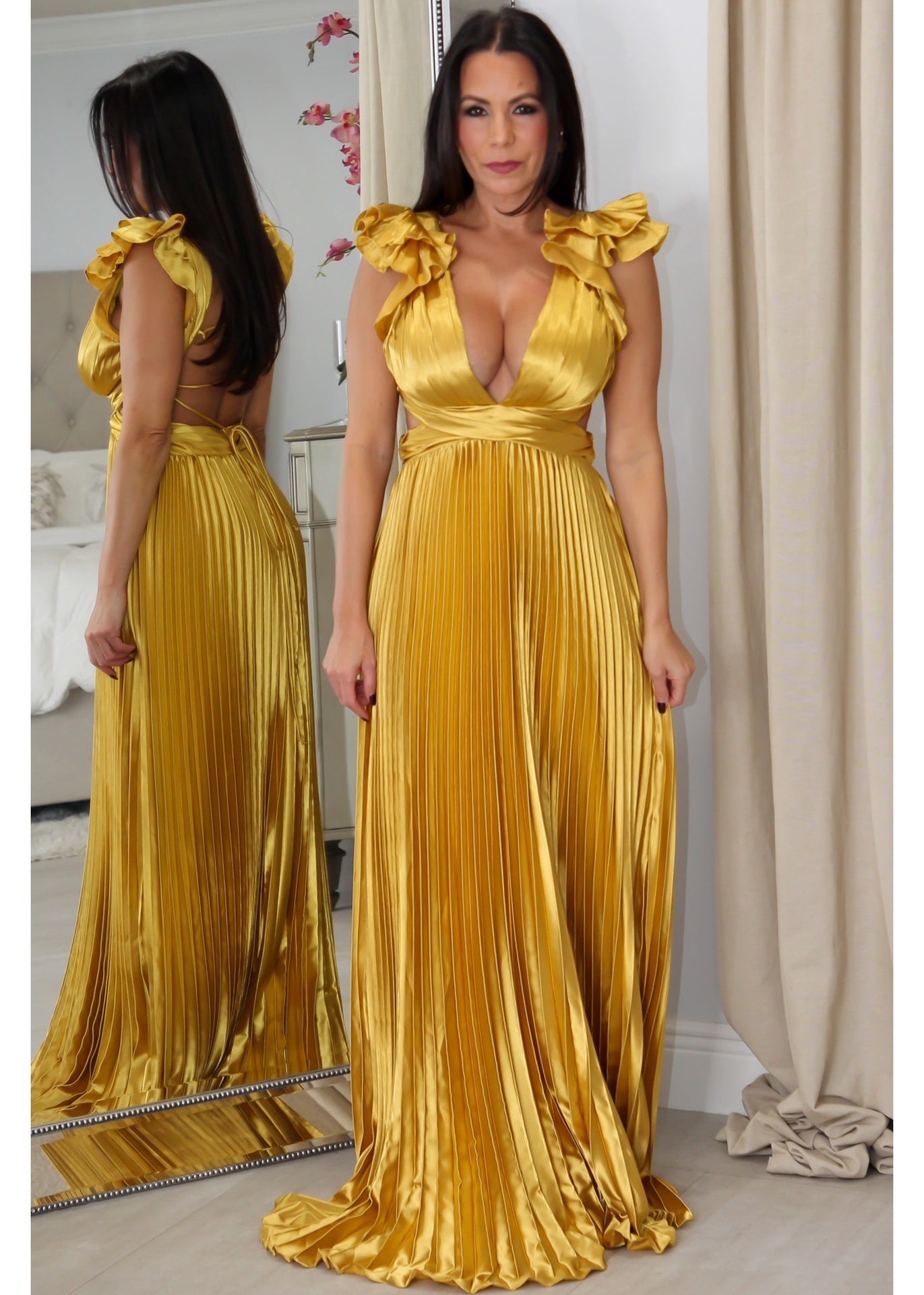 9322 Ruffle Maxi Pleated Dress