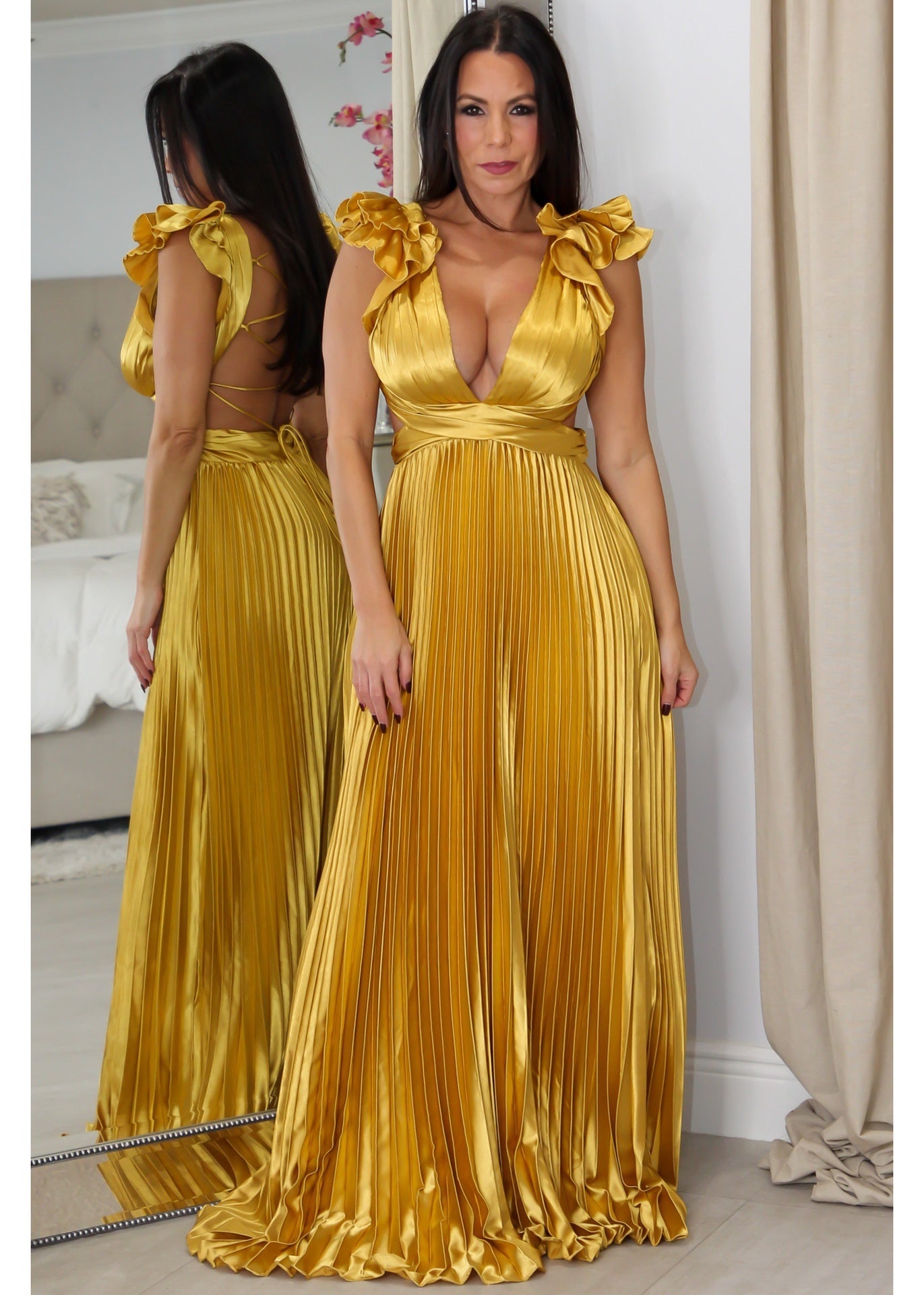 9322 Ruffle Maxi Pleated Dress